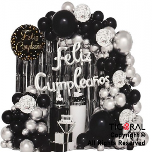 SET DE GLOBOS ARCO XL NEGRO Y PLATA 72 UNIDADES